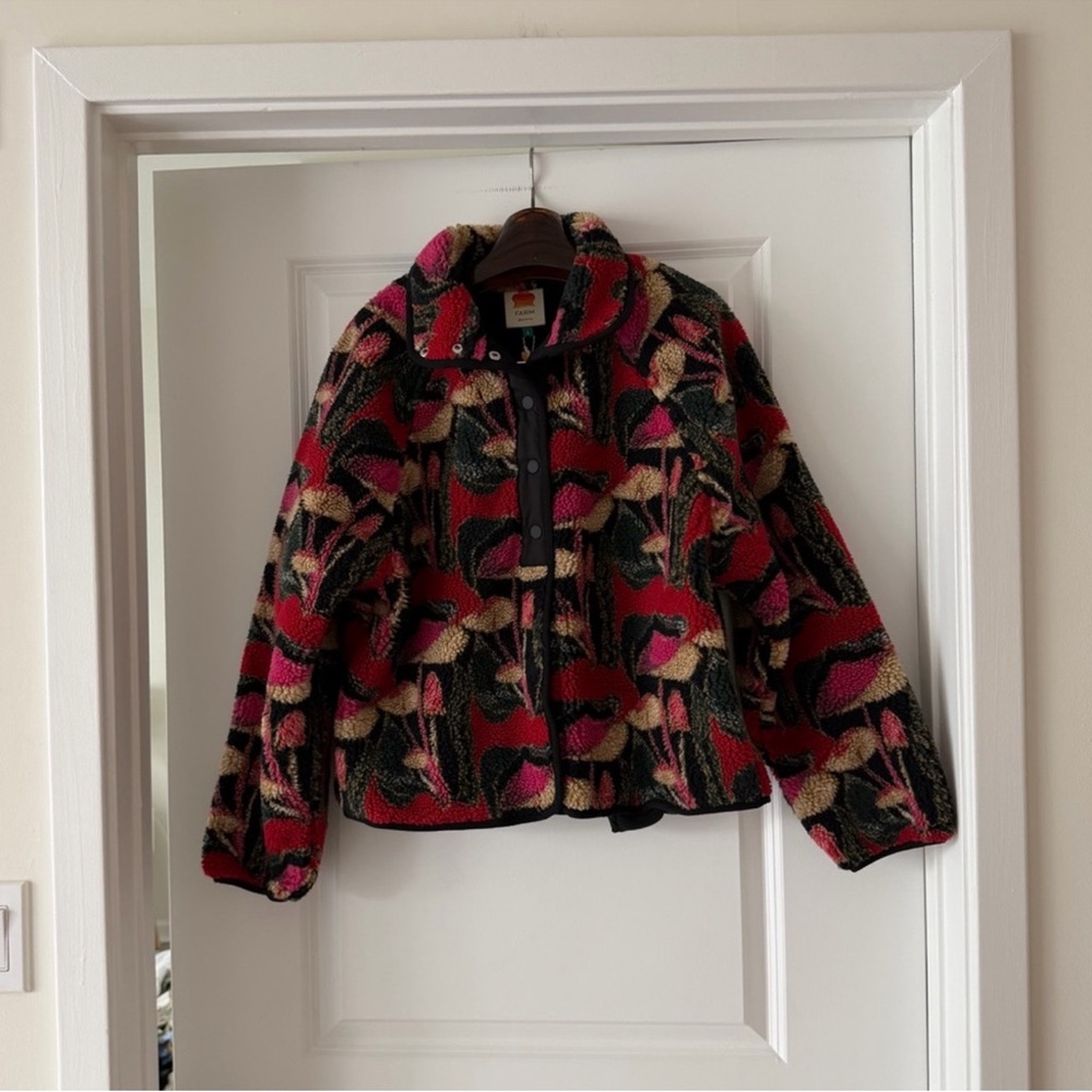 Farm Rio Black Wild Mushrooms Fleece Bomber Jacket - Picture 4 of 9